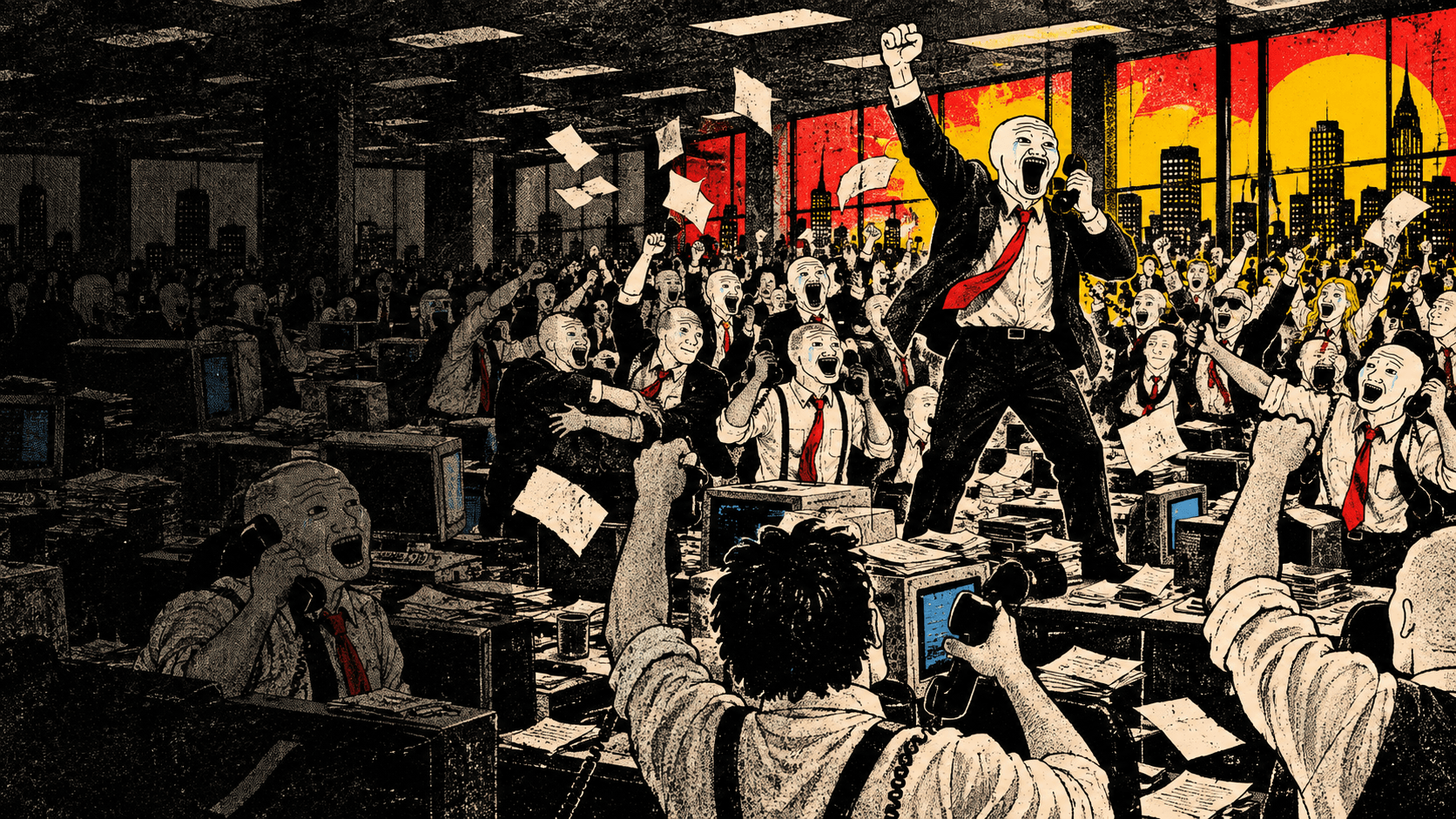 A packed brokerage office of cheering Wojak finance bros surrounding a broker rallying the room from atop a trading desk